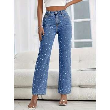 EZAPINE Womens Straight Leg Jeans Stretch High Waisted Pearls Beaded Pants Bootcut Denim Pants Navy Blue