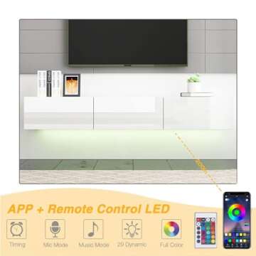 Boloni Floating TV Stand with LED for 60 65 70in TV, Glossy Wall Mounted Modern Entertainment Center with 3 Drawers, White