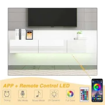 Boloni Floating TV Stand with LED for 60 65 70in TV, Glossy Wall Mounted Modern Entertainment Center with 3 Drawers, White