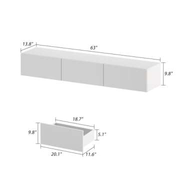 Boloni Floating TV Stand with LED for 60 65 70in TV, Glossy Wall Mounted Modern Entertainment Center with 3 Drawers, White