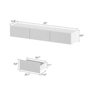 Boloni Floating TV Stand with LED for 60 65 70in TV, Glossy Wall Mounted Modern Entertainment Center with 3 Drawers, White