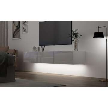 Boloni Floating TV Stand with LED for 60 65 70in TV, Glossy Wall Mounted Modern Entertainment Center with 3 Drawers, White