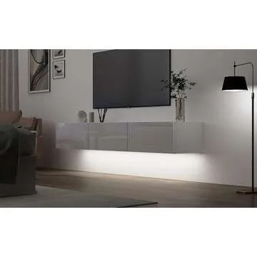Boloni Floating TV Stand with LED for 60 65 70in TV, Glossy Wall Mounted Modern Entertainment Center with 3 Drawers, White