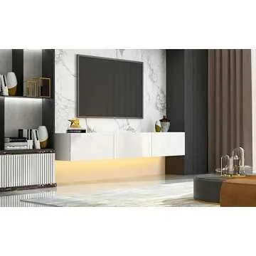 Boloni Floating TV Stand with LED for 60 65 70in TV, Glossy Wall Mounted Modern Entertainment Center with 3 Drawers, White
