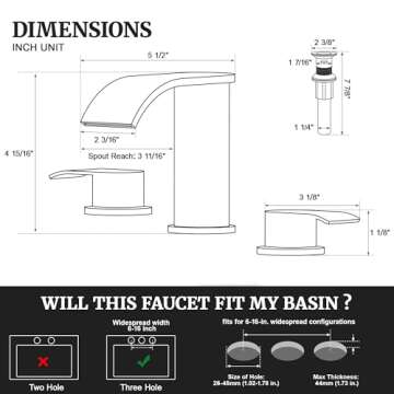 Ultimate Unicorn 8 inch Bathroom Faucet Brushed Gold, Waterfall Bathroom Sink Faucet with Metal Pop-up Sink Drain Stopper and 2 Supply Hoses,2 Handle Widespread Faucet for Vanity Sink 3 Holes