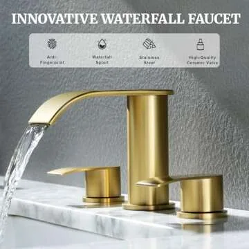 Ultimate Unicorn 8 inch Bathroom Faucet Brushed Gold, Waterfall Bathroom Sink Faucet with Metal Pop-up Sink Drain Stopper and 2 Supply Hoses,2 Handle Widespread Faucet for Vanity Sink 3 Holes
