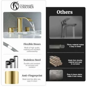 Ultimate Unicorn 8 inch Bathroom Faucet Brushed Gold, Waterfall Bathroom Sink Faucet with Metal Pop-up Sink Drain Stopper and 2 Supply Hoses,2 Handle Widespread Faucet for Vanity Sink 3 Holes