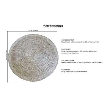 FRELISH DECOR Handwoven Jute Area Rug - 3 feet Round - Natural Yarn - Rustic Vintage Beige Braided R...