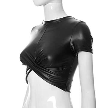 vastwit Women's Faux Leather Short Sleeve Crop Top Summer PU Shirt Blouse for Party Club Streetwear Black Small