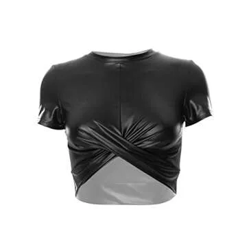 vastwit Women's Faux Leather Short Sleeve Crop Top Summer PU Shirt Blouse for Party Club Streetwear Black Small