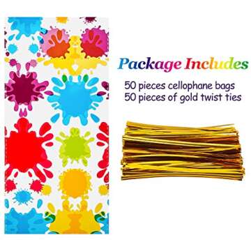50 Pieces Artist Party Cello Bags Colorful Paint Cellophane Bags OPP Artist Paint Treat Bags Goody C...