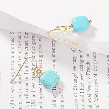 Natural Turquoise Gemstone Earrings 18K Gold Plated Hook Square Stone Dangle Drop Earrings Jewelry for Women