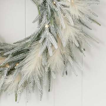 Pine and Pampas Flocked 26" Pre-Lit PE Wreath with LED Lights | Indoor or Covered Outdoor | Fire-Resistant and Non-allergenic