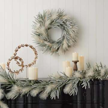 Pine and Pampas Flocked 26" Pre-Lit PE Wreath with LED Lights | Indoor or Covered Outdoor | Fire-Resistant and Non-allergenic