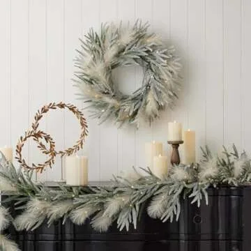 Pine and Pampas Flocked 26" Pre-Lit PE Wreath with LED Lights | Indoor or Covered Outdoor | Fire-Resistant and Non-allergenic