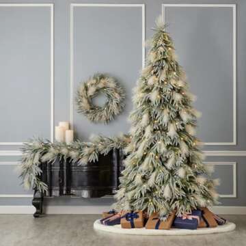 Pine and Pampas Flocked 26" Pre-Lit PE Wreath with LED Lights | Indoor or Covered Outdoor | Fire-Resistant and Non-allergenic