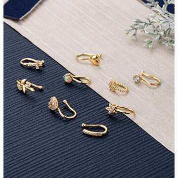Masedy 9Pcs Fake Nose Rings Hoop Clip On Faux Setump Cartilage Tragus Ring Non Piercing Jewelry G