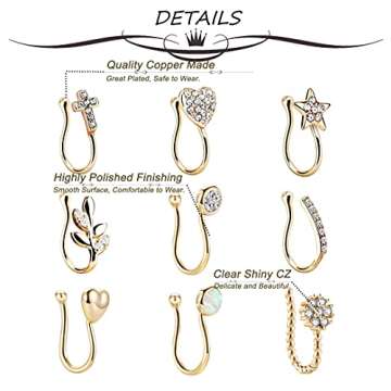 Masedy 9Pcs Stylish Non-Piercing Nose Ring Set