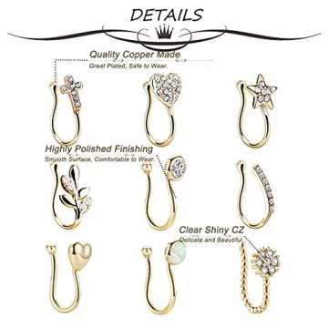 Masedy 9Pcs Stylish Non-Piercing Nose Ring Set