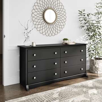 Prepac Sonoma 6-Drawer Double Dresser for Bedroom, Wide Chest of Drawers, Traditional Bedroom Furniture, 59" wide x 17.5" deep x 29" tall, Black