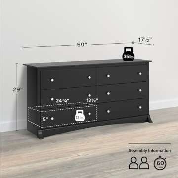 Prepac Sonoma 6-Drawer Double Dresser for Bedroom, Wide Chest of Drawers, Traditional Bedroom Furniture, 59" wide x 17.5" deep x 29" tall, Black