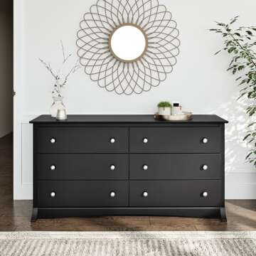 Prepac Sonoma 6-Drawer Double Dresser for Bedroom, Wide Chest of Drawers, Traditional Bedroom Furniture, 59" wide x 17.5" deep x 29" tall, Black