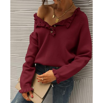 BTFBM Womens Sweater Soft Casual Ruffle Neck Pullover