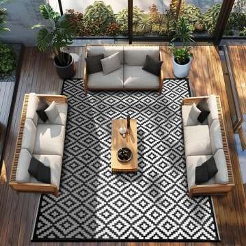Green Decore Reversible Nirvana Outdoor Rug, Waterproof, Fade Resistant, Modern Large Floor Mats for Patios,Decks, Garden and Outdoors, Beach, Camping, Picnic - (Black/White, 8 X 10 ft)