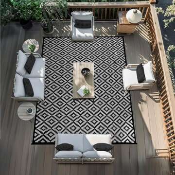 Green Decore Reversible Nirvana Outdoor Rug, Waterproof, Fade Resistant, Modern Large Floor Mats for Patios,Decks, Garden and Outdoors, Beach, Camping, Picnic - (Black/White, 8 X 10 ft)