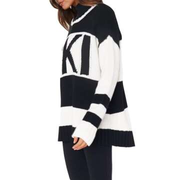 Yousify Tunic Sweaters to Wear with Leggings Striped Cable Knit Sweater Pullover Thermal Tops Black and White S