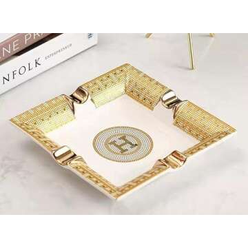 BAKEBK Cigar Ashtray for Indoor or Outdoor Use,European Porcelain Ashtray, Creative Personality Men's Coffee Table Ashtray Computer Desk Living Room Office Ashtray, White, 7.87*7.87in