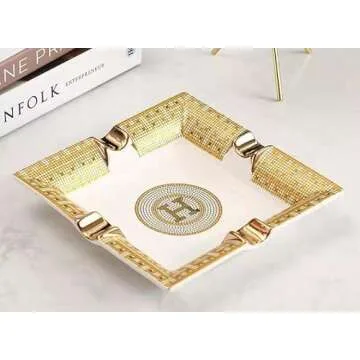 BAKEBK Cigar Ashtray for Indoor or Outdoor Use,European Porcelain Ashtray, Creative Personality Men's Coffee Table Ashtray Computer Desk Living Room Office Ashtray, White, 7.87*7.87in
