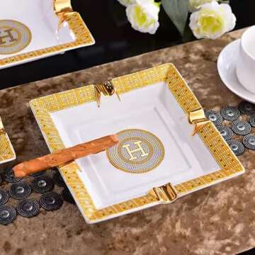 BAKEBK Cigar Ashtray for Indoor or Outdoor Use,European Porcelain Ashtray, Creative Personality Men's Coffee Table Ashtray Computer Desk Living Room Office Ashtray, White, 7.87*7.87in