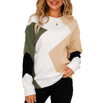ECOWISH Women's Fall Sweater 2024 - Long Sleeve Color Block Round Neck Loose Fit Colorful Patchwork ...