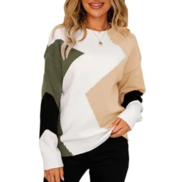 ECOWISH Women's Fall Sweater 2024 - Long Sleeve Color Block Round Neck Loose Fit Colorful Patchwork ...
