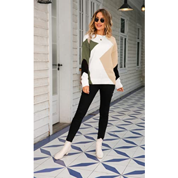 ECOWISH Women's Fall Sweater 2024 - Long Sleeve Color Block Round Neck Loose Fit Colorful Patchwork Casual Sweaters White Beige Medium