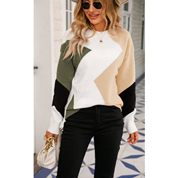 ECOWISH Women's Fall Sweater 2024 - Long Sleeve Color Block Round Neck Loose Fit Colorful Patchwork Casual Sweaters White Beige Medium