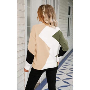 ECOWISH Women's Fall Sweater 2024 - Long Sleeve Color Block Round Neck Loose Fit Colorful Patchwork Casual Sweaters White Beige Medium