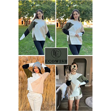 ECOWISH Women's Fall Sweater 2024 - Long Sleeve Color Block Round Neck Loose Fit Colorful Patchwork Casual Sweaters White Beige Medium