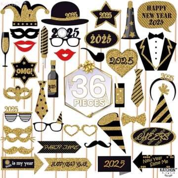 KatchOn, Glitter New Years Photo Booth Props 2025 - Pack of 36 | NYE Photo Booth Props 2025, Happy N...