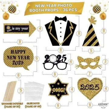 KatchOn, Glitter New Years Photo Booth Props 2025 - Pack of 36 | NYE Photo Booth Props 2025, Happy New Years Decorations 2025 | New Years Eve Photo Booth Props 2025, New Years Eve Party Supplies 2025