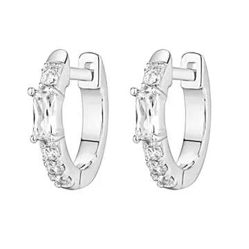 PAVOI 14K White Gold Plated 925 Sterling Silver Post Women's Huggie Earrings - Small Gold Hoop Earrings - CZ Baguette Cubic Zirconia
