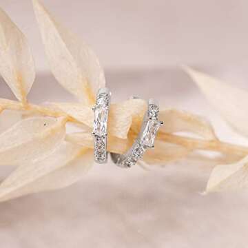 PAVOI 14K White Gold Plated 925 Sterling Silver Post Women's Huggie Earrings - Small Gold Hoop Earrings - CZ Baguette Cubic Zirconia