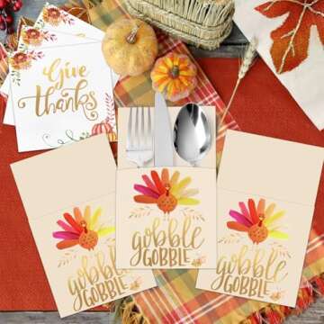 Thanksgiving Napkins - 54 Pack Gold Foil Napkins Paper (36 Pcs) with Cutlery Holders (18 Pcs) - Give Thanks Table Decorations for Autumn Fall Harvest Wedding Dinner Party Disposable Centerpiece Decor