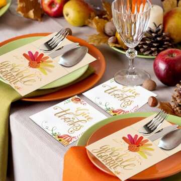 Thanksgiving Napkins - 54 Pack Gold Foil Napkins Paper (36 Pcs) with Cutlery Holders (18 Pcs) - Give Thanks Table Decorations for Autumn Fall Harvest Wedding Dinner Party Disposable Centerpiece Decor