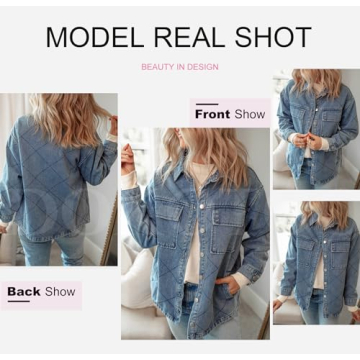 Dokotoo Jean Jacket Women 2024 Stylish Turn Down Collared Long Sleeve Button Down Loose Fit Denim Jacket for Women Solid Oversized Boyfriend Shacket Jacket Coats with Pockets Outwear S Blue