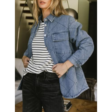 Dokotoo Jean Jacket Women 2024 Stylish Turn Down Collared Long Sleeve Button Down Loose Fit Denim Jacket for Women Solid Oversized Boyfriend Shacket Jacket Coats with Pockets Outwear S Blue