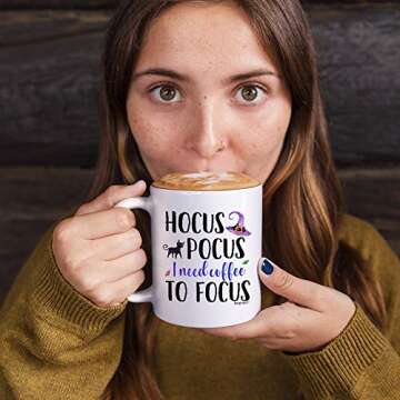 MyCozyCups Funny Fall Mugs For Women - Hocus Pocus I Need Coffee To Focus Mug - Cute Autumn Halloween 11oz Cup For Best Friend, Sister, Witches, Ghosts, Monsters, Her - Sarcastic Teacup For You