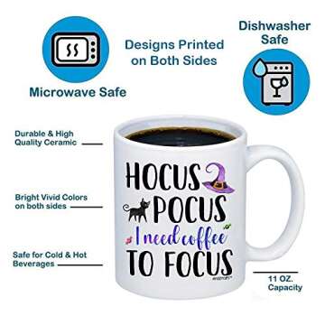 MyCozyCups Funny Fall Mugs For Women - Hocus Pocus I Need Coffee To Focus Mug - Cute Autumn Halloween 11oz Cup For Best Friend, Sister, Witches, Ghosts, Monsters, Her - Sarcastic Teacup For You