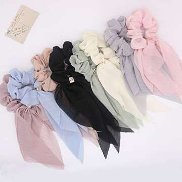 DINPREY Scarf Hair Ties for Women Girls, 8 Pcs Double Layer Bow Scrunchies for Hair Cute Bunny Ear B...